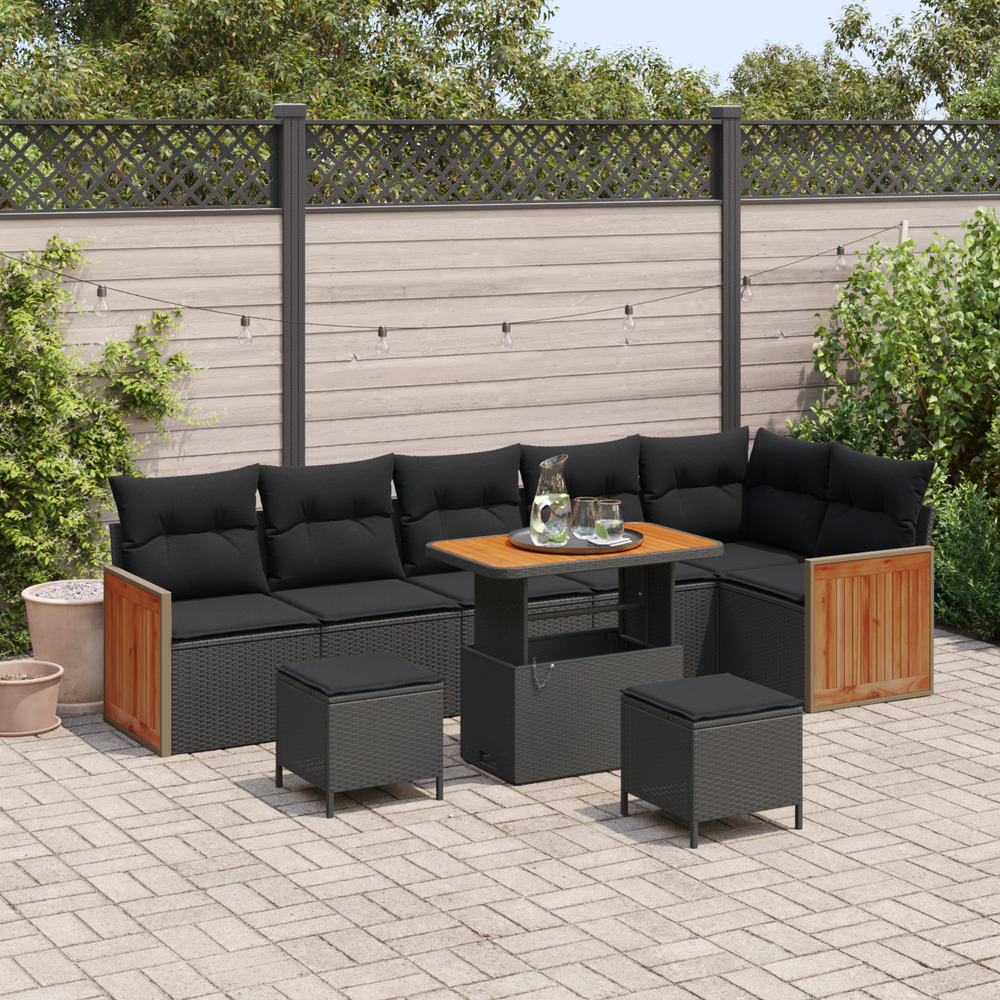 9 Dalių Sodo Sofa Rinkinys Su Pagalvėmis Juodas Poli Ratanas Akacija