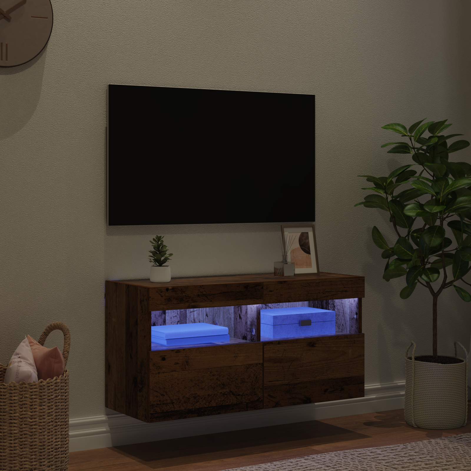 TV sieninė spintelė su LED Senovinis medis 80 x 30 x 40 cm