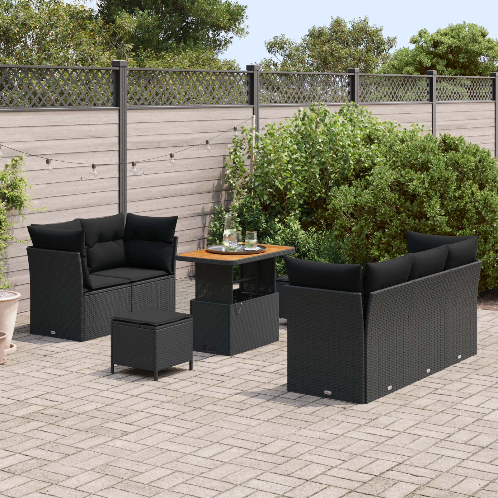 8 dalių sodo sofa komplektas su pagalvėmis Juodas Poli ratanas Akacija