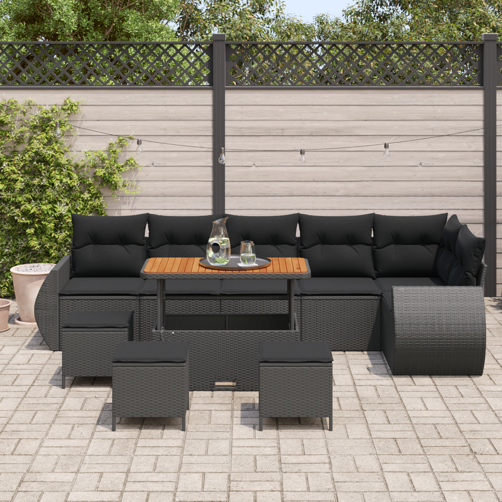 Sodo Sofų Rinkinys su pagalve 10 pcs Juoda Poli ratanas