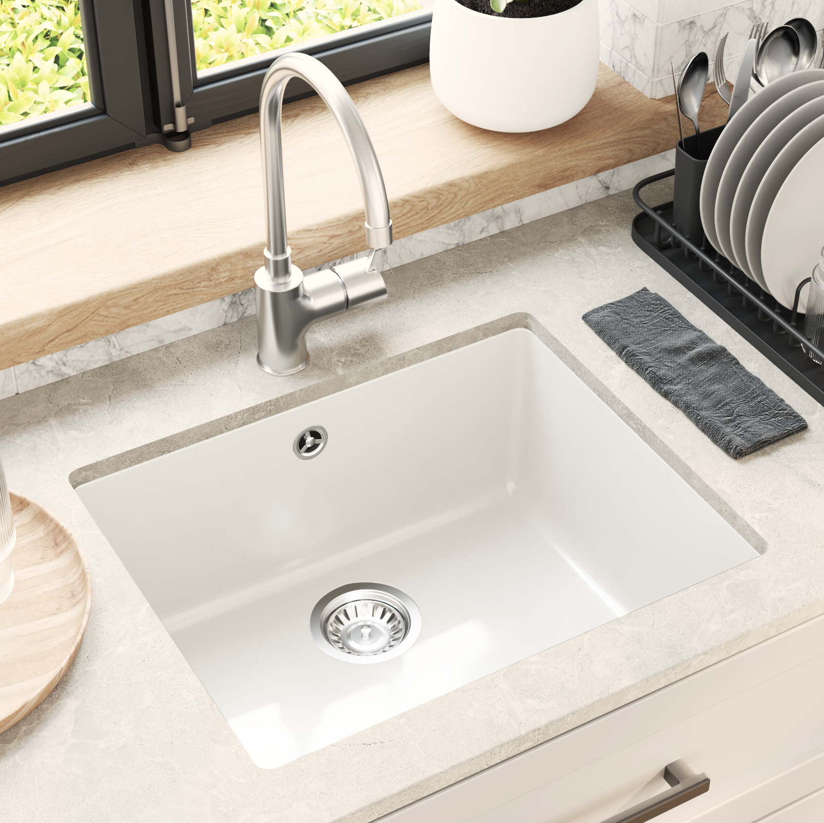 Kriauklė Balta 530 x 460 mm 80% Kvarcas ir 20% Derva