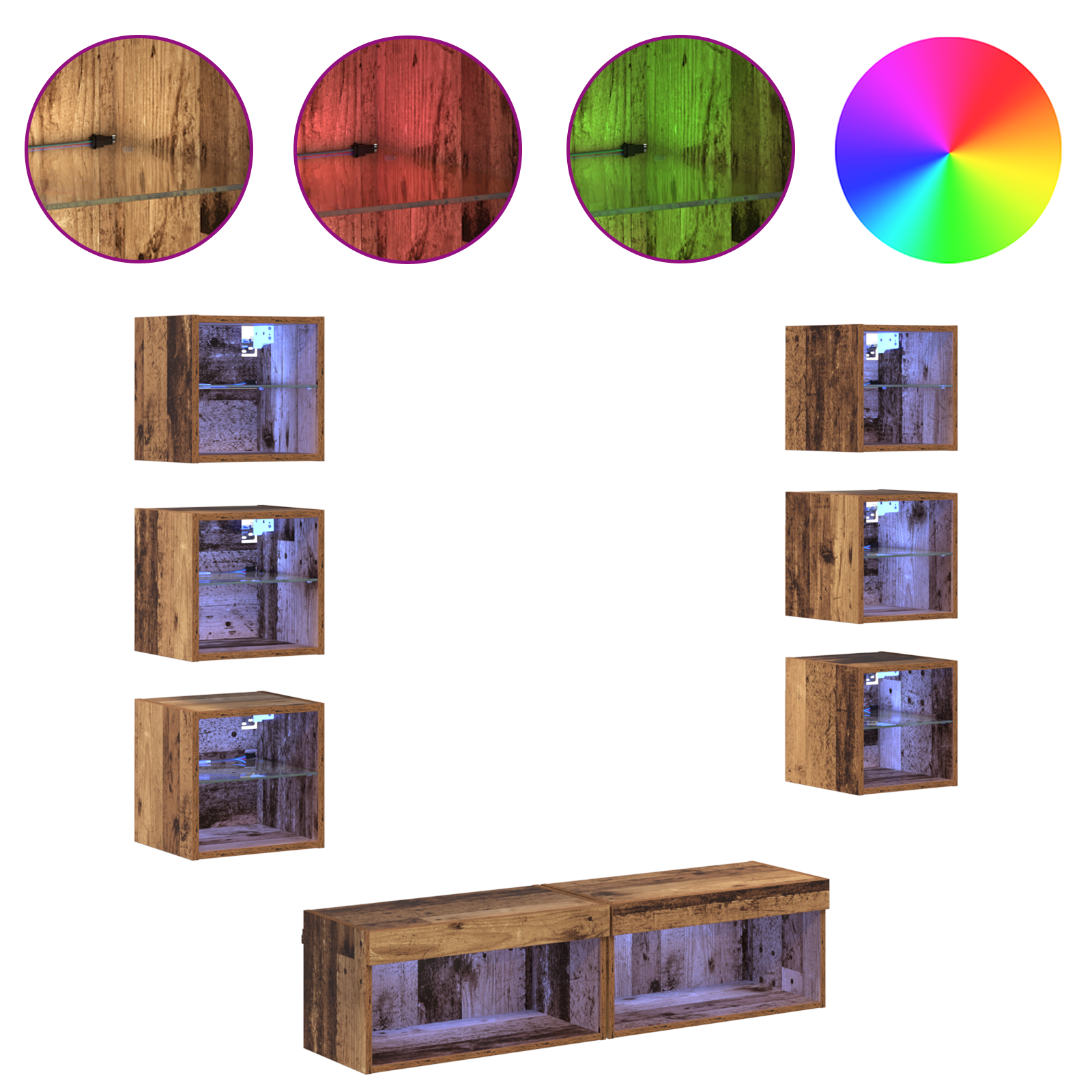 TV cabinet with 8 drawers Antique wood Glass