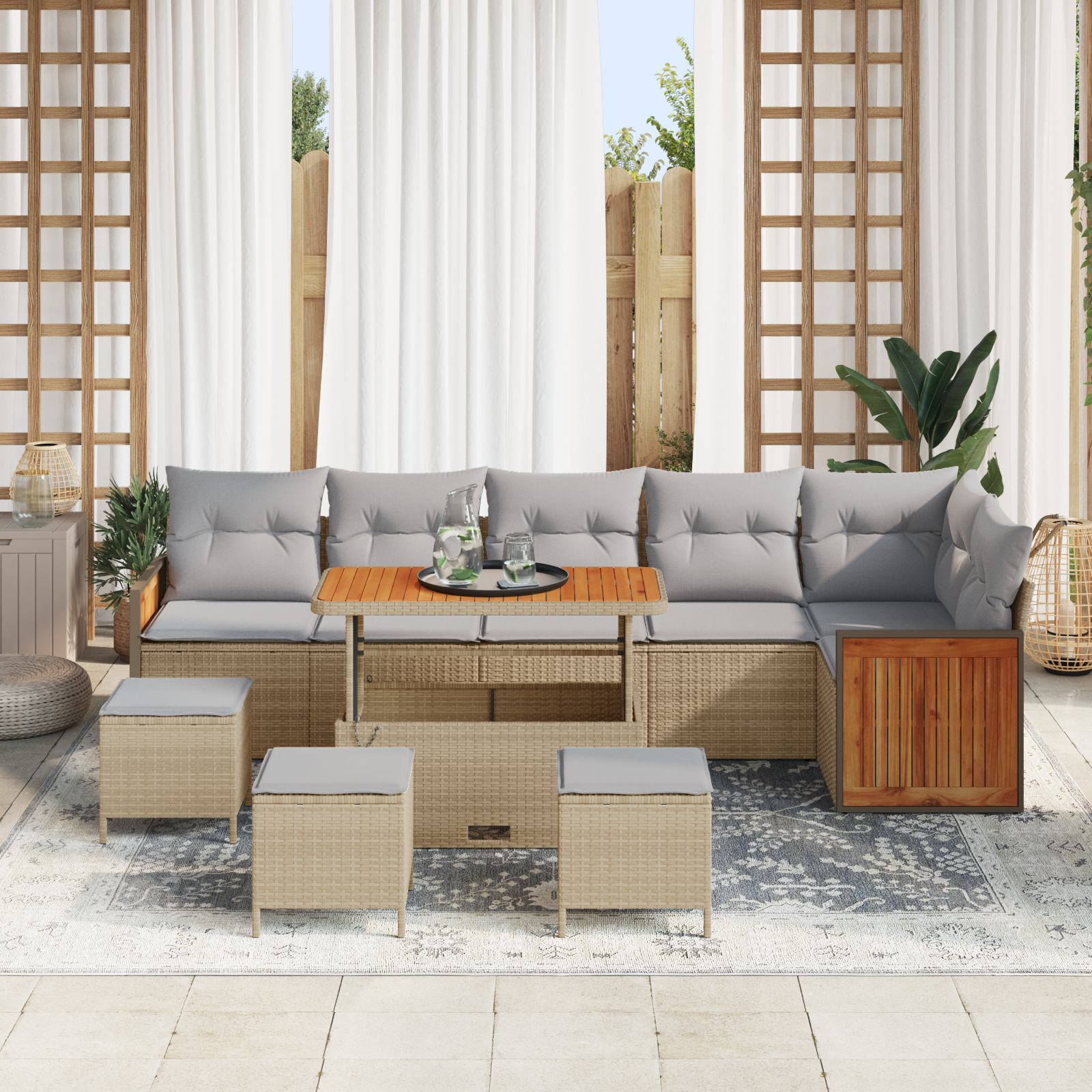 10 dalių sodo sofa komplektas su pagalvėlėmis Smėlio poli ratanas akacijoje