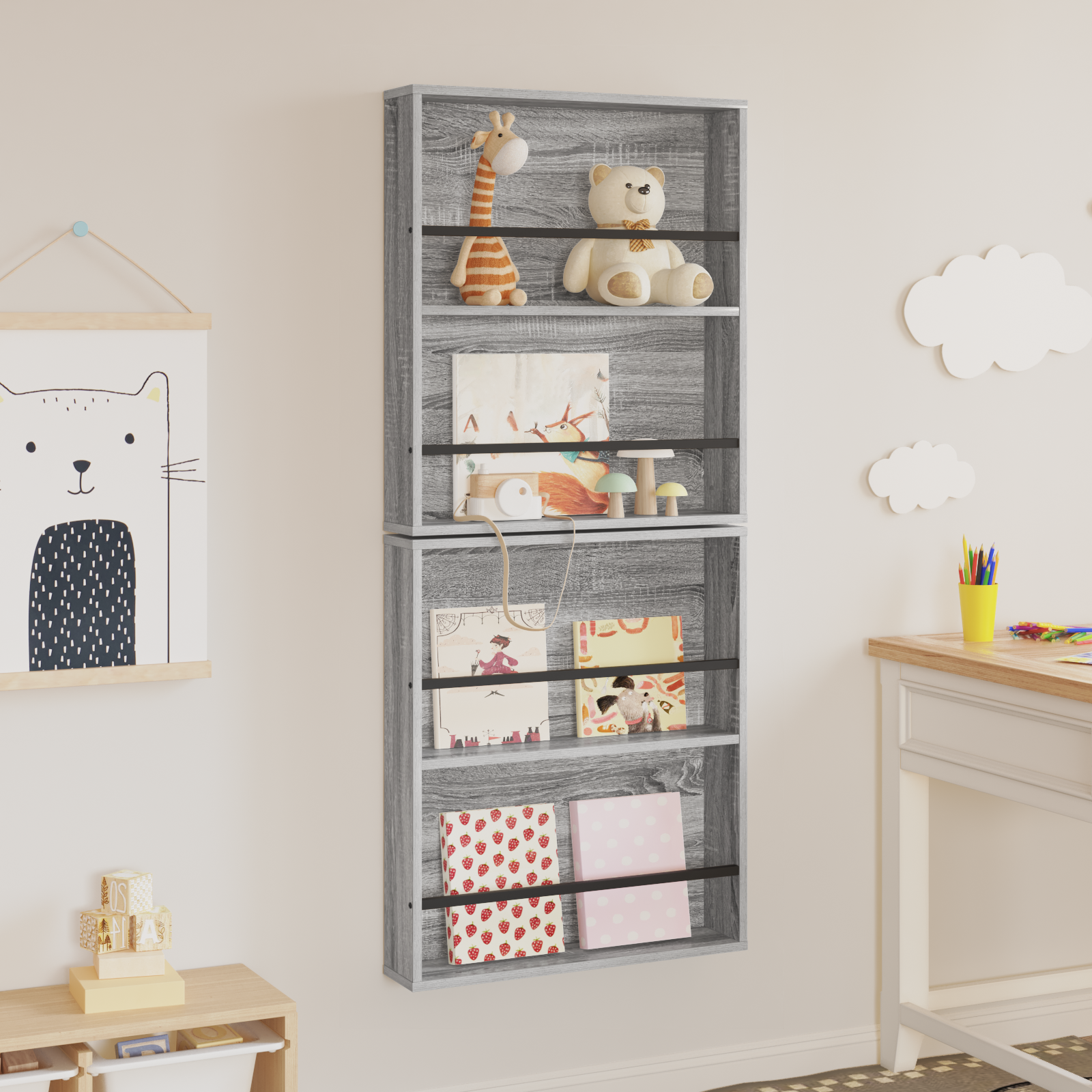 Žurnalų stovas su lentyna 2 pcs Pilkas Sonoma 60 x 12 x 70 cm