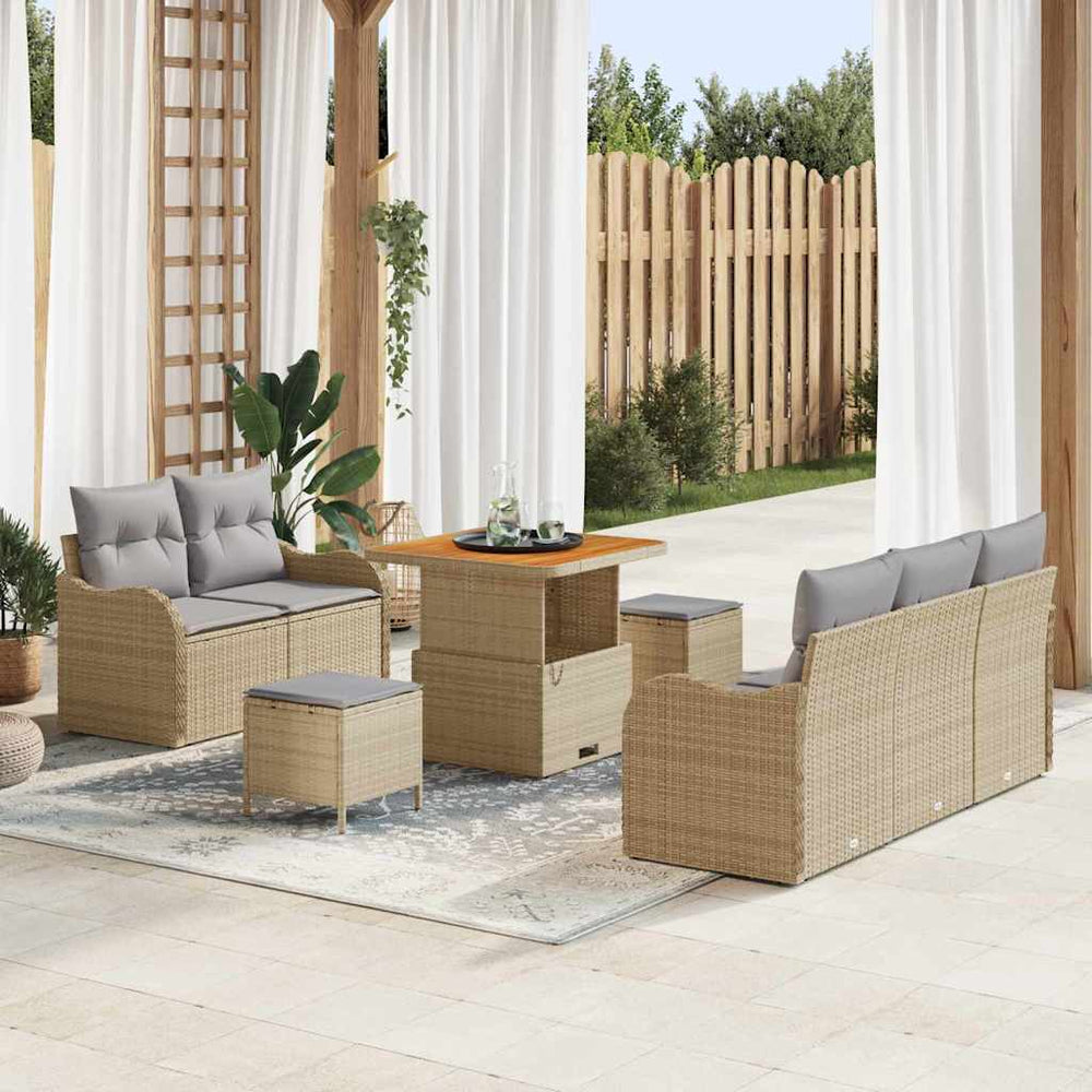 8 dalių sodininkų sofa komplektas su pagalvėmis Smėlinė Poli Ratanas Akacija - Namų Idėja
