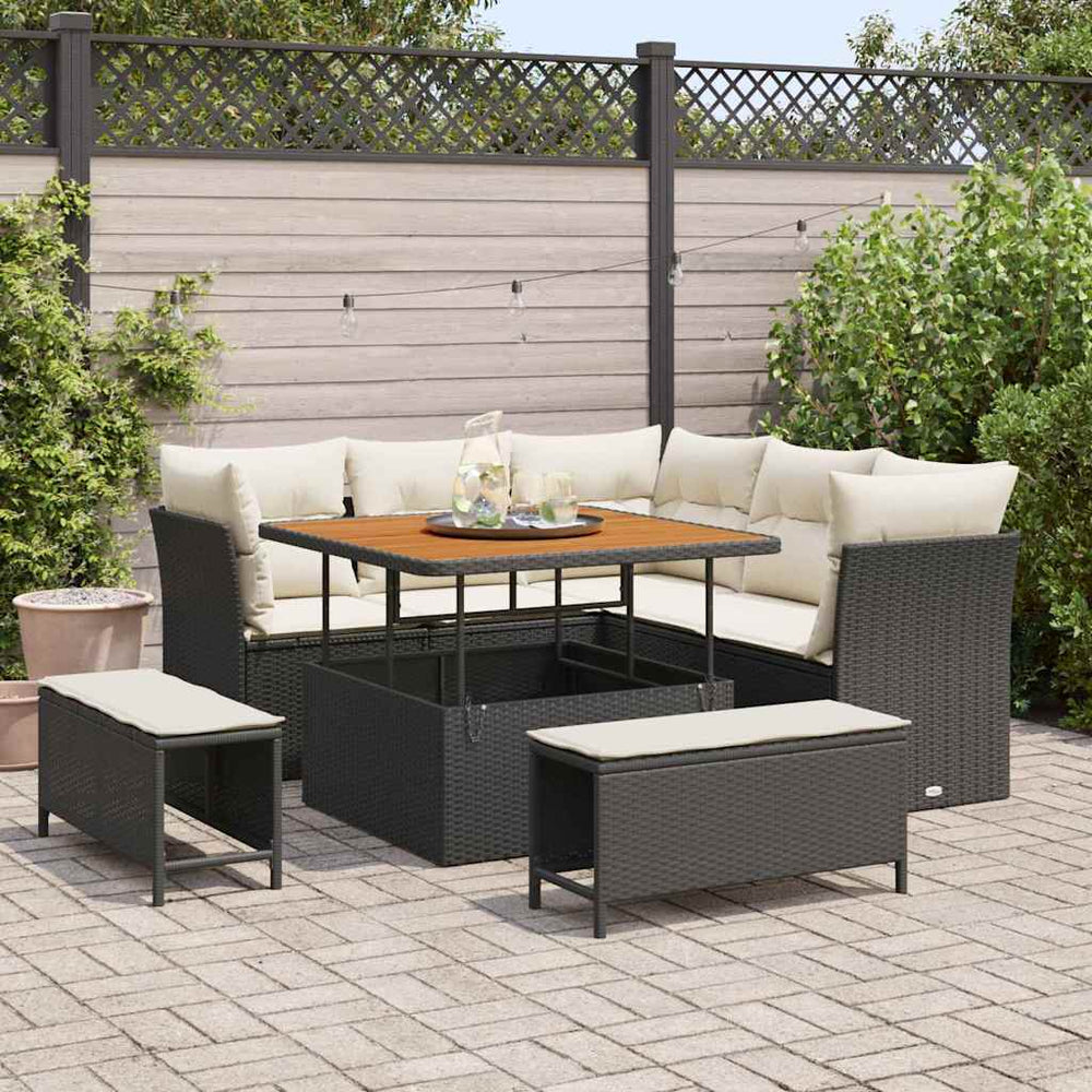 8 dalių sodo sofa komplektas su pagalvėlėmis Juoda poli ratanas akacija - Namų Idėja