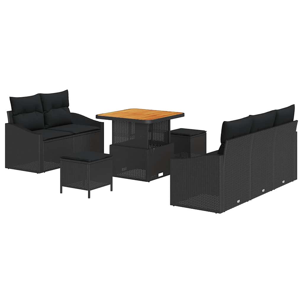 8 dalių Sodo Sofa Komplektas su Pagalvėmis Juoda Poli Ratanas Akacijos mediena - Namų Idėja