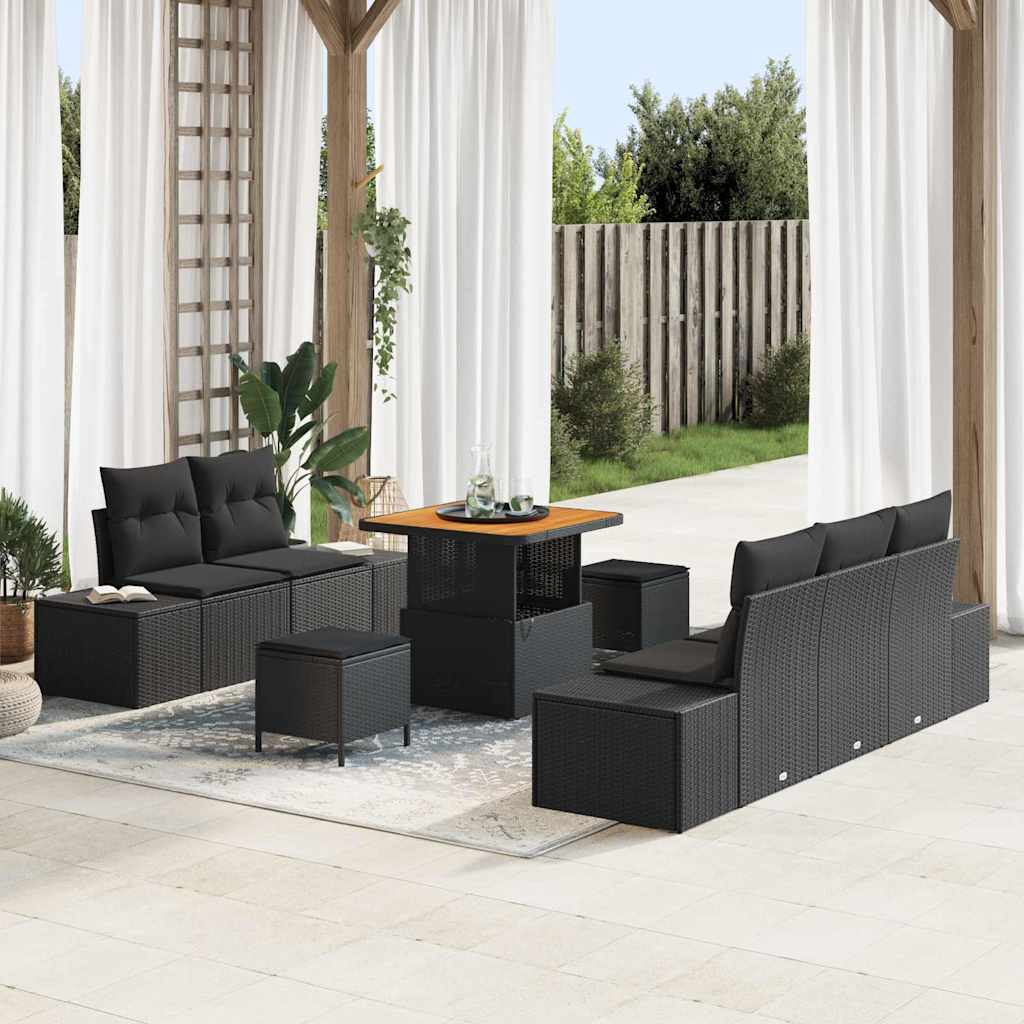 8 dalių sodo sofa komplektas su pagalvėmis Juodas poli ratanas akacija - Namų Idėja