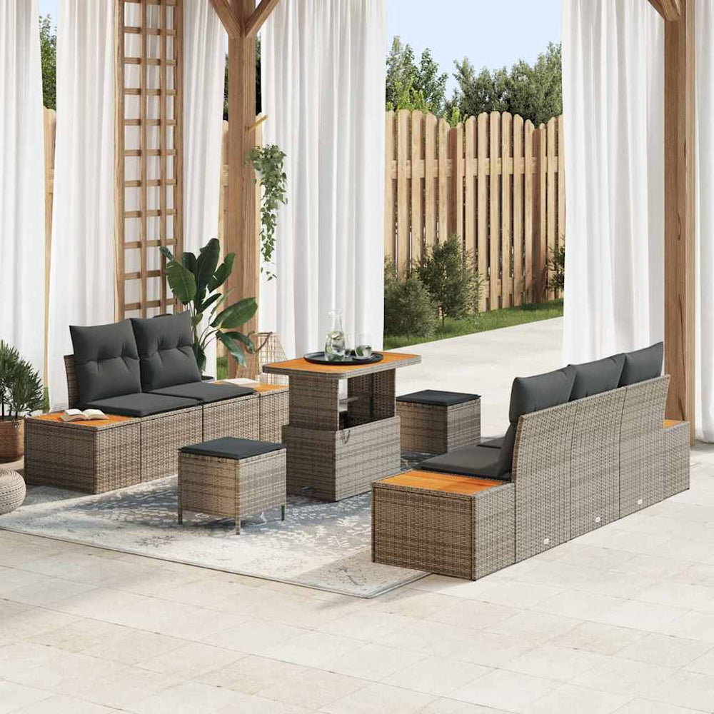 8 Dalių Sodo Sofa Komplektas su Pagalvėmis Pilka Poli Ratanas Akacija - Namų Idėja
