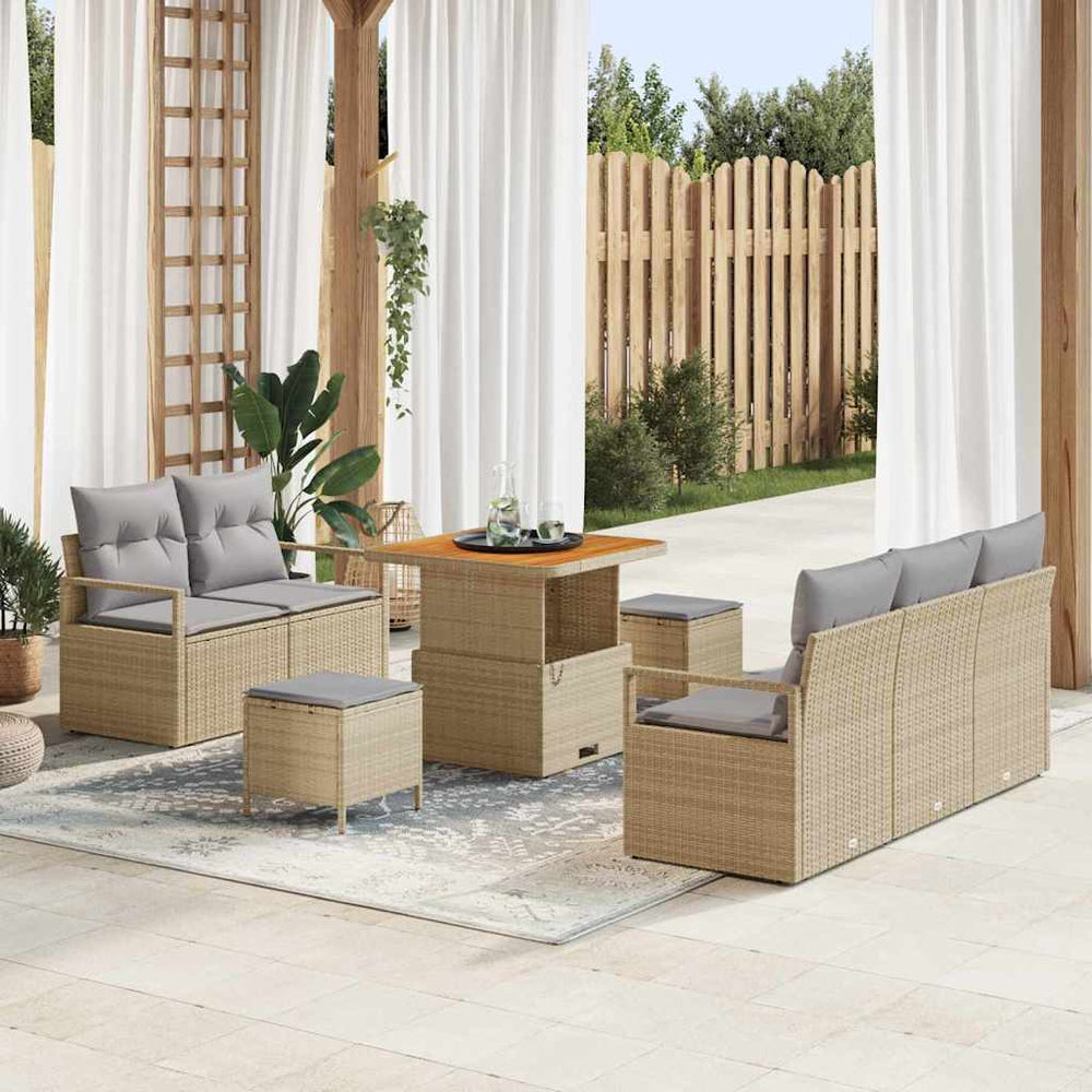 8 dalių Sodo Sofa Komplektas su Pagalvėmis Smėlio Poli Ratanas Akacija - Namų Idėja