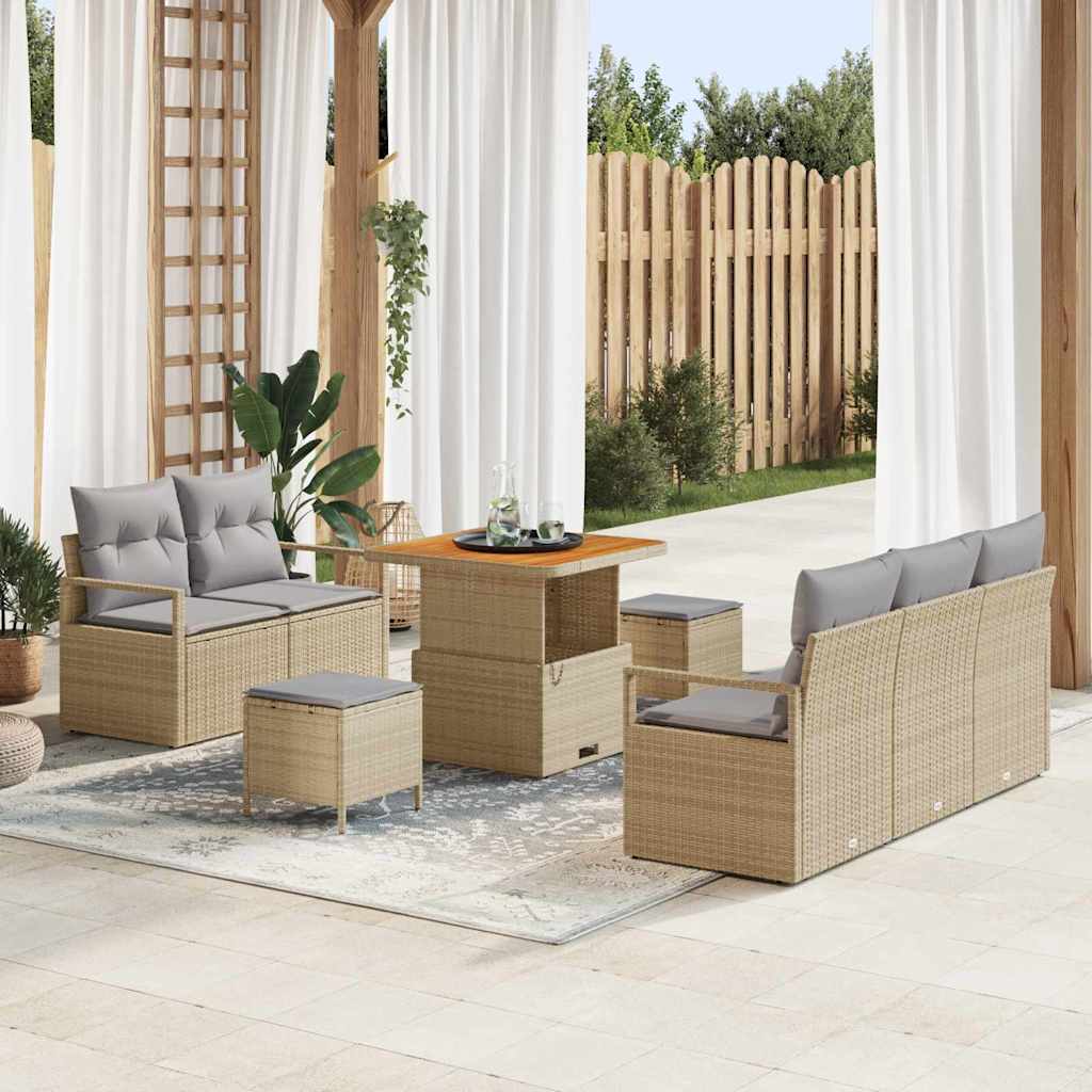 8 dalių Sodo Sofa Komplektas su Pagalvėmis Smėlio Poli Ratanas Akacija - Namų Idėja