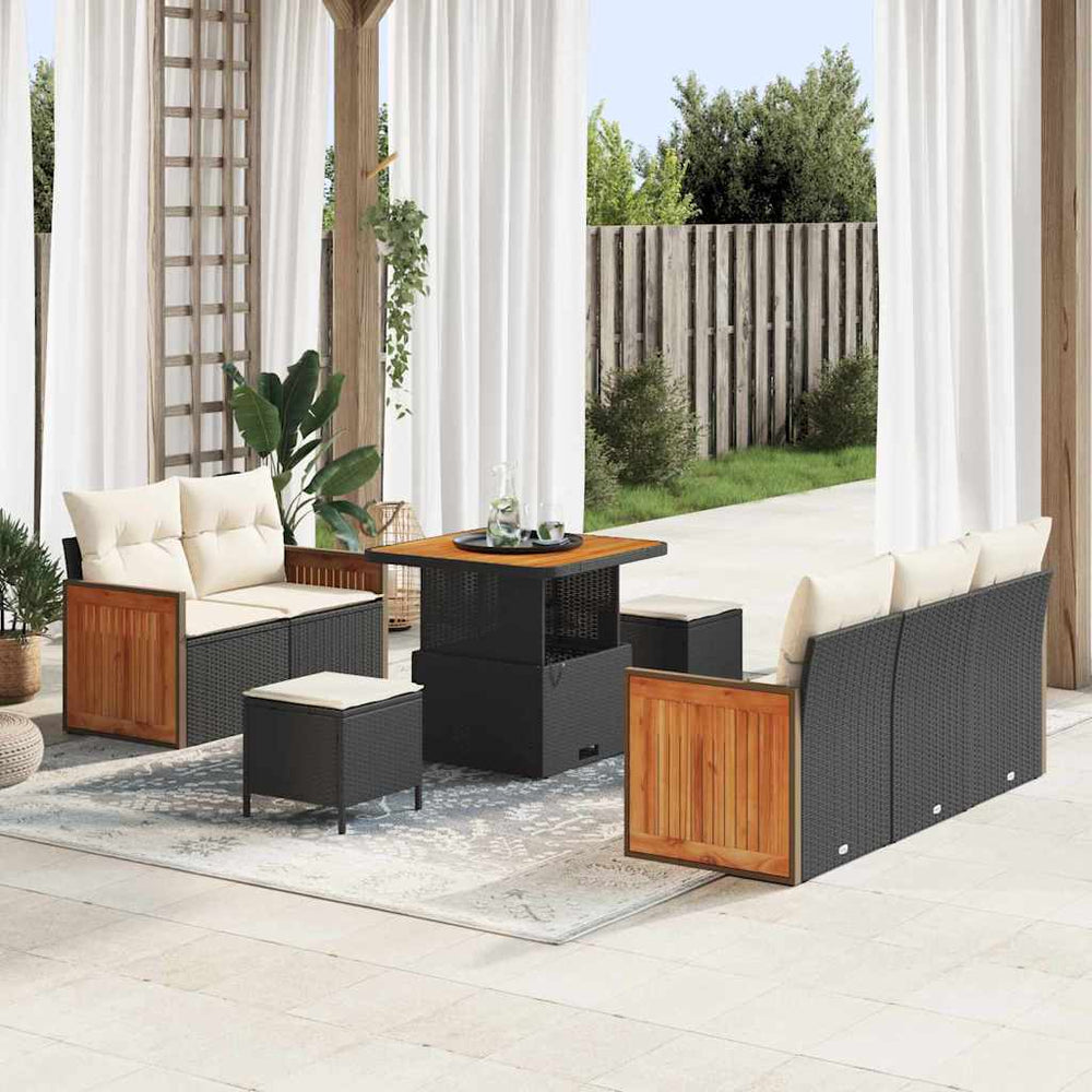 8 dalių Sodo Sofa Komplektas su Paminkštinimais Juodas Poli Ratanas Akacijos - Namų Idėja