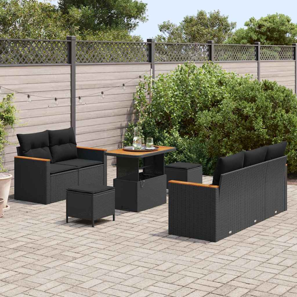 8 dalių sodo sofa rinkinys su pagalvėlėmis Juodas Poliratanas Akacija - Namų Idėja