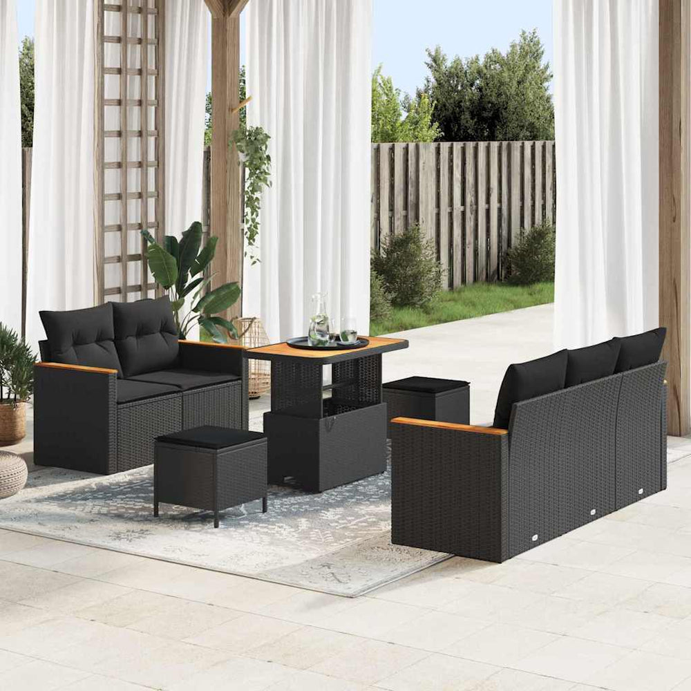 8 dalių sodo sofa rinkinys su pagalvėlėmis Juodas Poliratanas Akacija - Namų Idėja