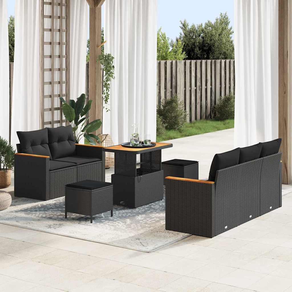 8 dalių sodo sofa rinkinys su pagalvėlėmis Juodas Poliratanas Akacija - Namų Idėja