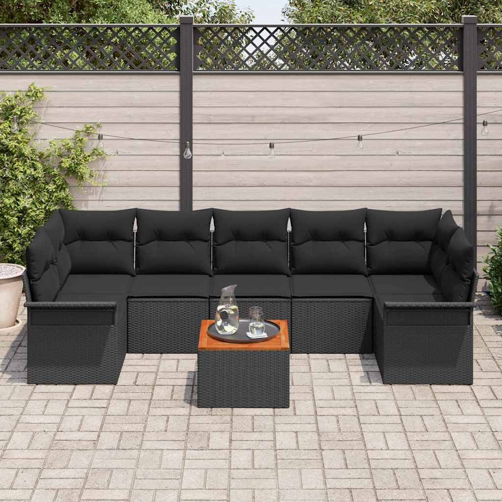 8 dalių sodo sofa rinkinys su pagalvėlėmis Juodas Poliratanas Akacija - Namų Idėja