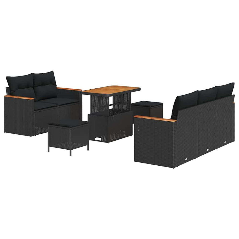 8 dalių sodo sofa rinkinys su pagalvėlėmis Juodas Poliratanas Akacija - Namų Idėja