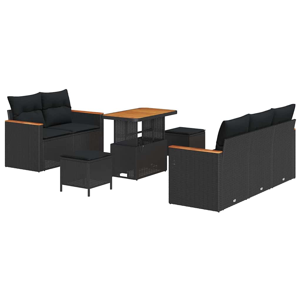 8 dalių sodo sofa rinkinys su pagalvėlėmis Juodas Poliratanas Akacija - Namų Idėja