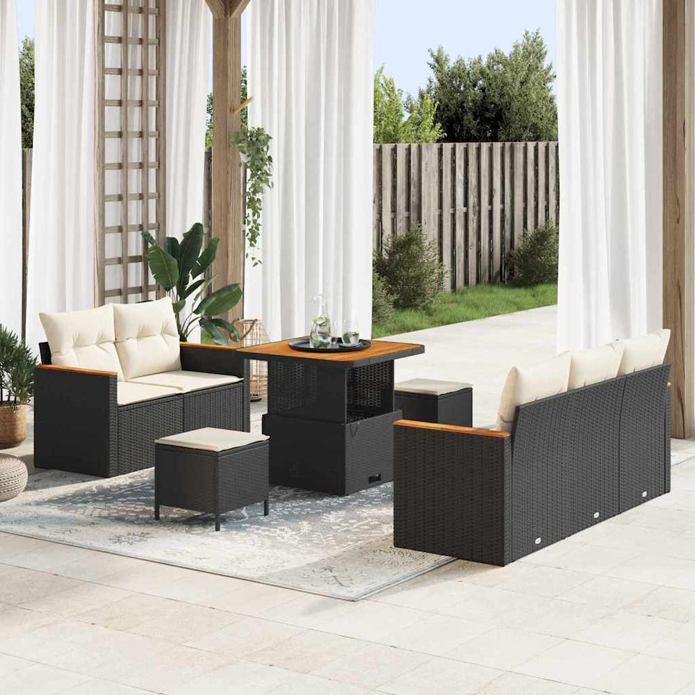 8 dalių sodo sofa su pagalvėmis Juoda Poli Rattan Akacija - Namų Idėja