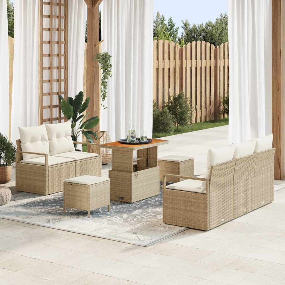 8 Dalių Sodo Sofų Komplektas su Pagalvėlėmis Smėlio Poly Rattan Acacia - Namų Idėja
