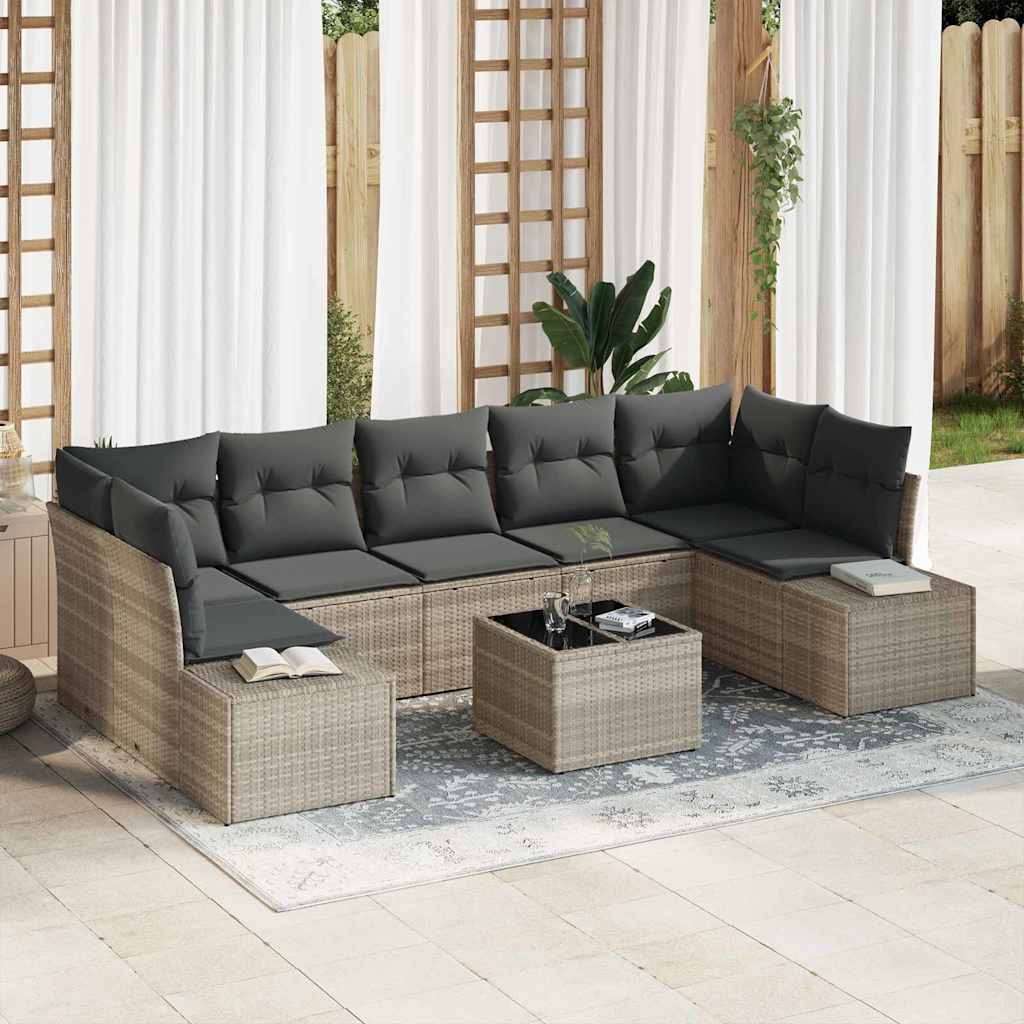 8 dalių sodo sofų komplektas su pagalvėlėmis, šviesiai pilkas poly rattan - Namų Idėja