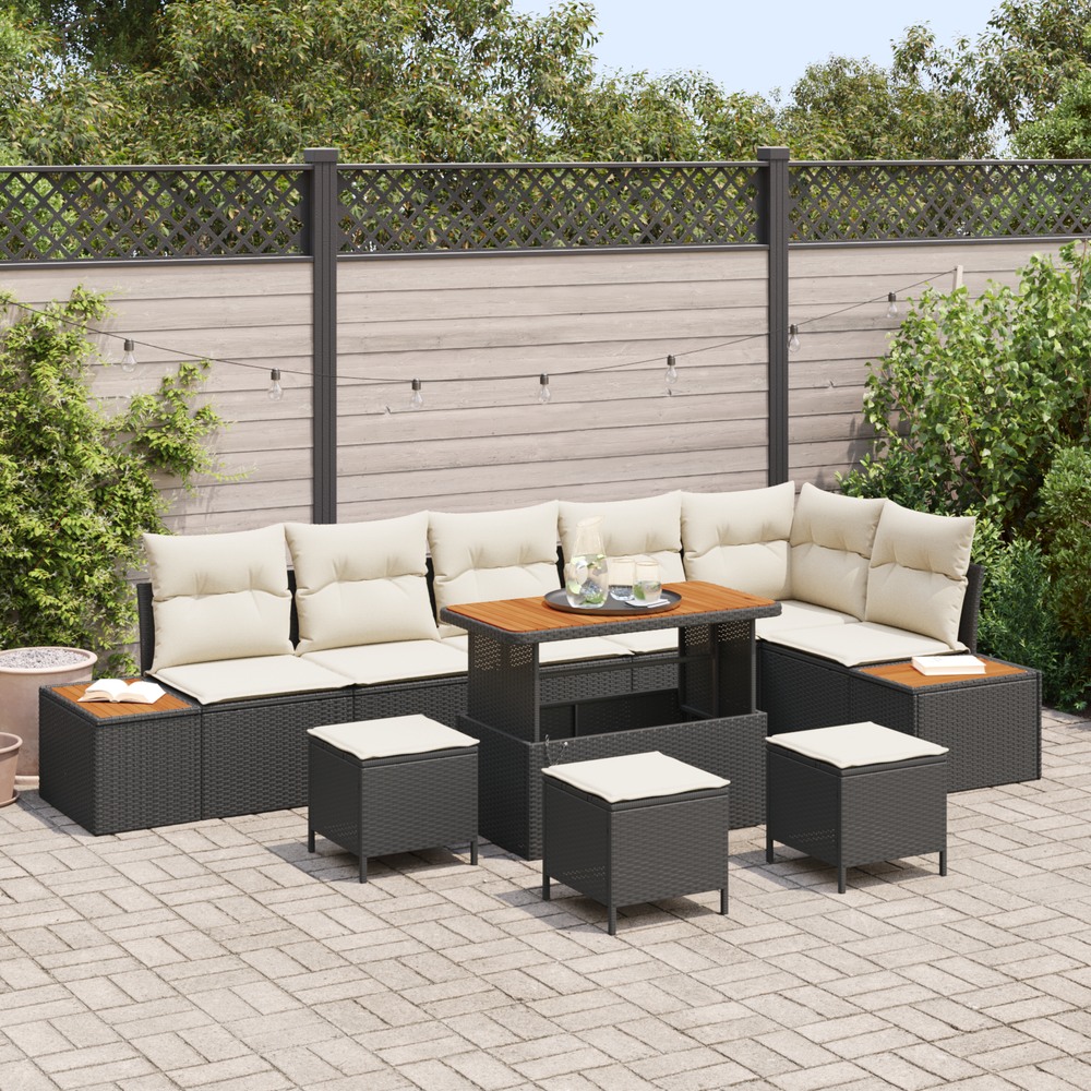 10-piece garden sofa set with cushions black poly rattan acacia