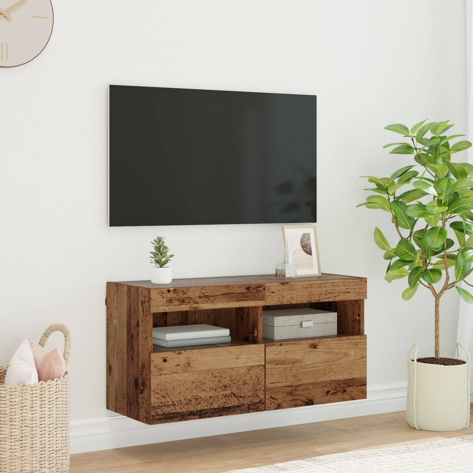 TV sieninė spintelė su LED Senovinis medis 80 x 30 x 40 cm