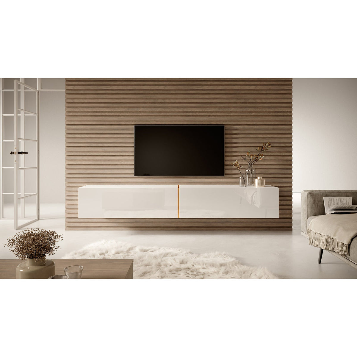 TV spintelė FREJA, 200 cm, balta+auksinė