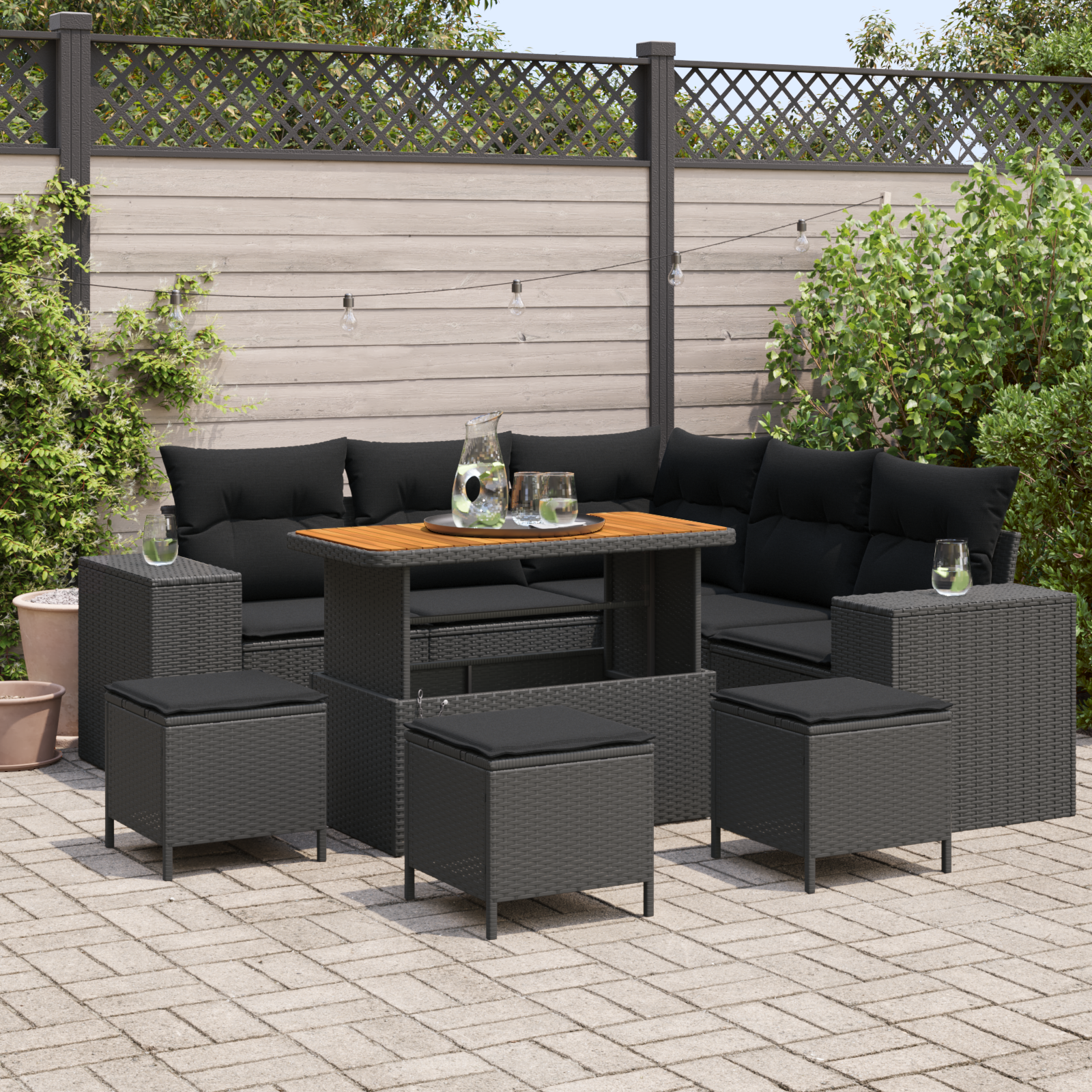 Sodo Sofų Rinkinys su pagalve su saugykla 9 pcs Juoda