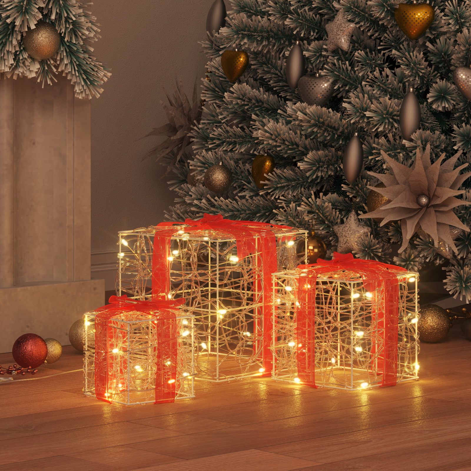 Dāvanu kaste ar 60 LED, 3 gab., silti balta, 20 x 20 x 20 cm, akrils