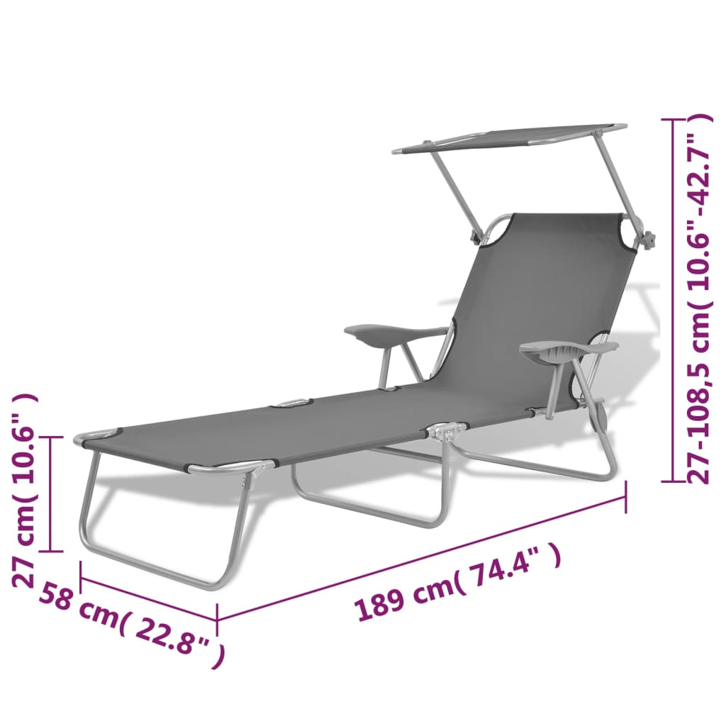 Sunlounger with canopy, steel, grey