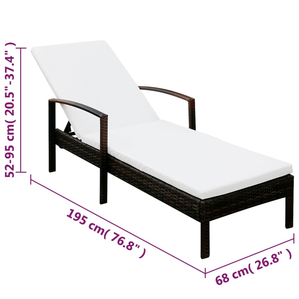 Sunlounger with Cushion, Poly Rattan, Brown