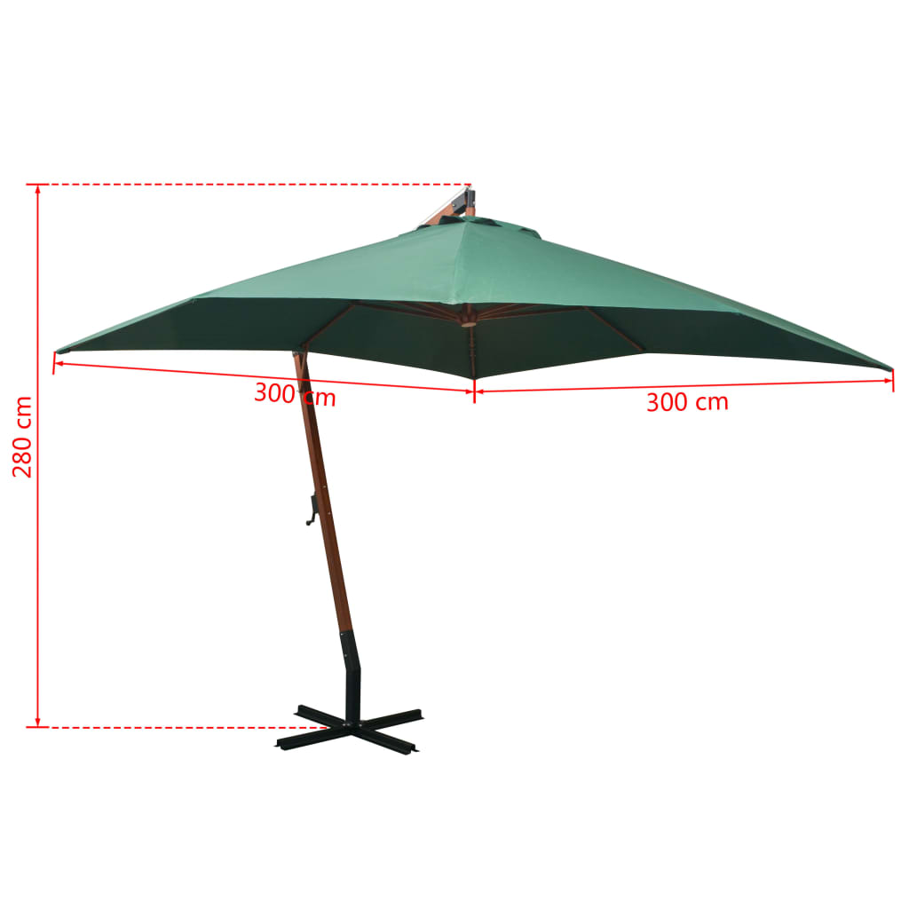 Hanging parasol, green, 300x300cm, wooden pole