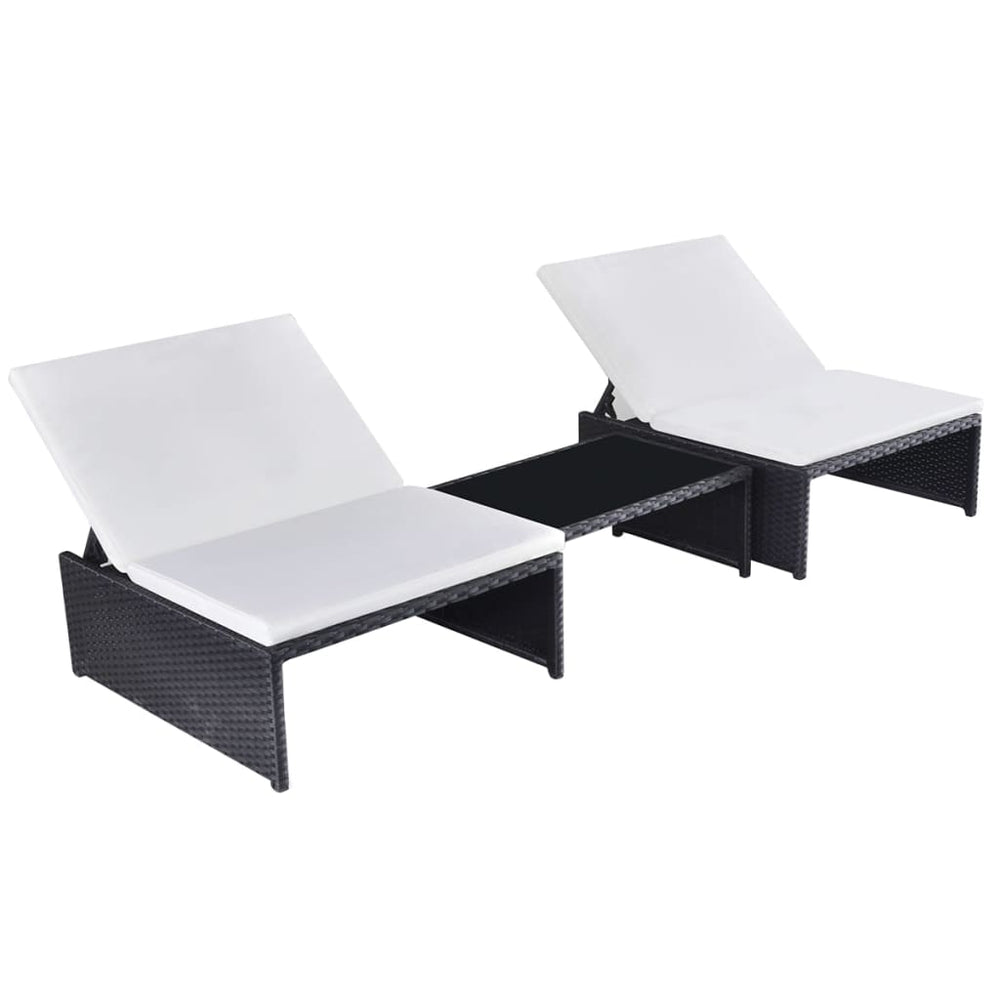 Reclining garden chairs with table, 2 pcs., black, poly rattan