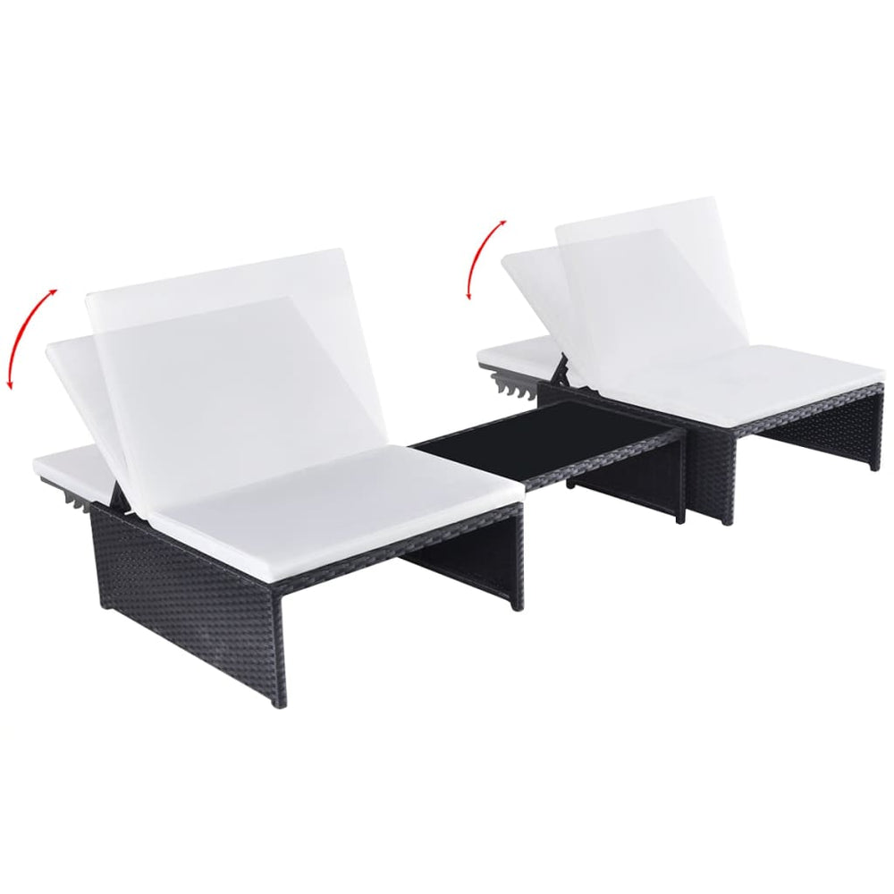 Reclining garden chairs with table, 2 pcs., black, poly rattan