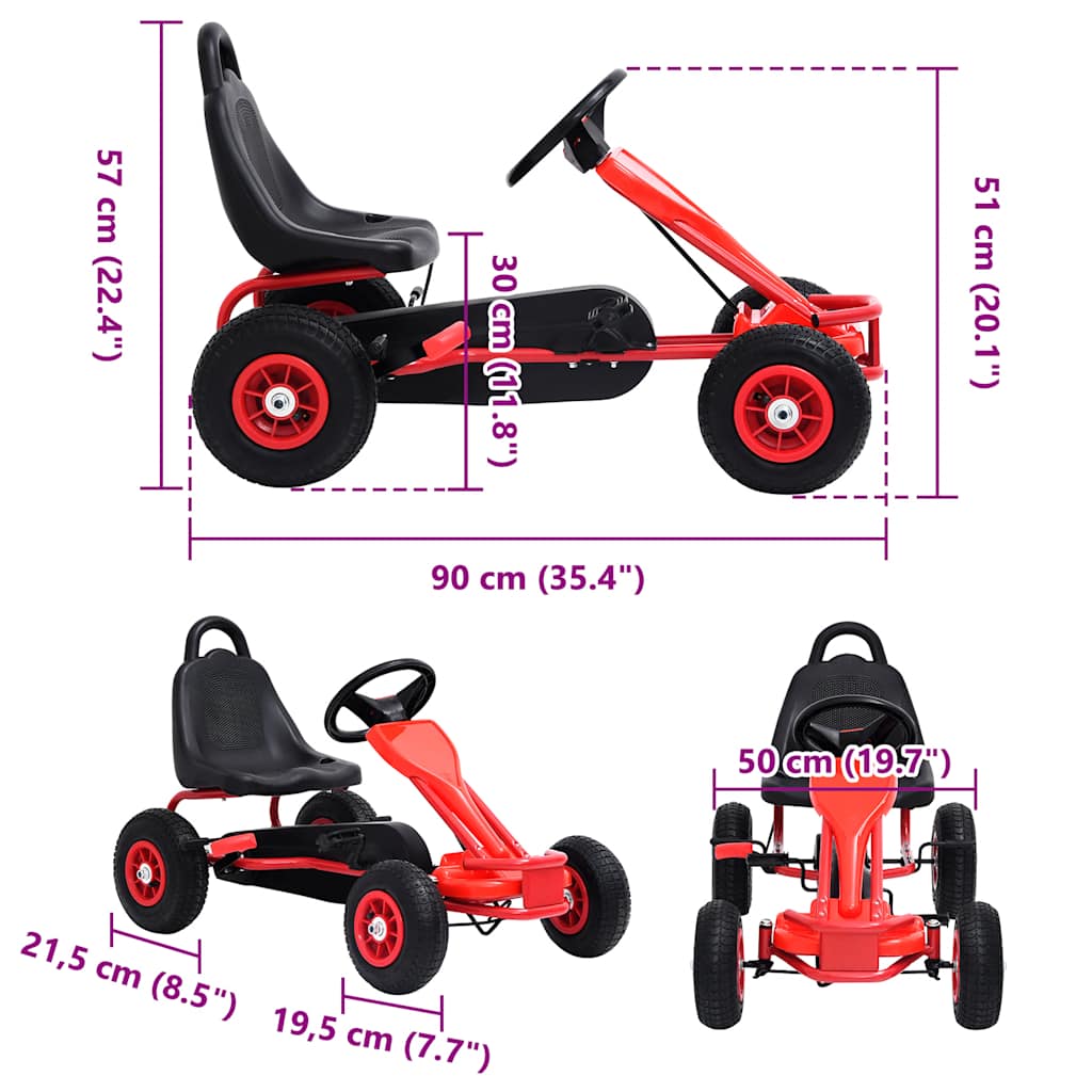 Pedal go-kart with pneumatic tires, red