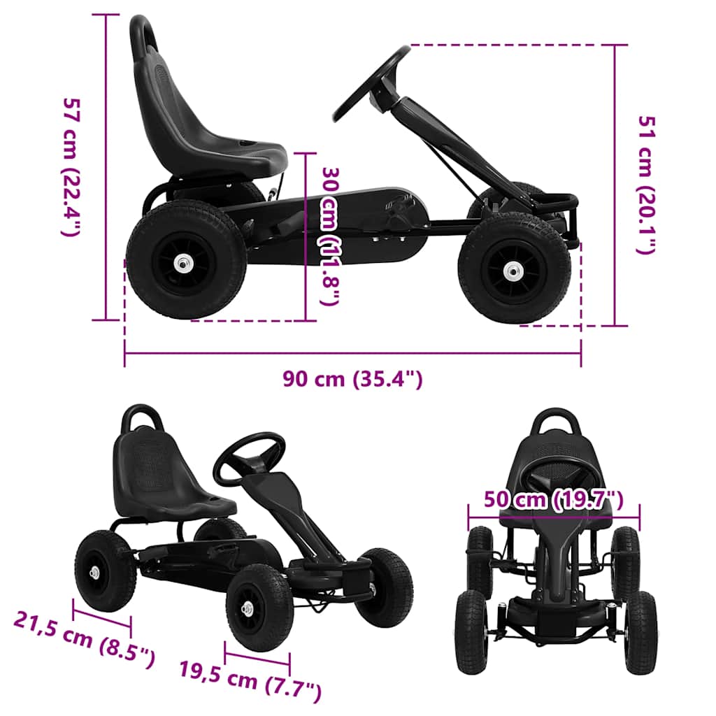 Pedal go-kart with pneumatic tires, black