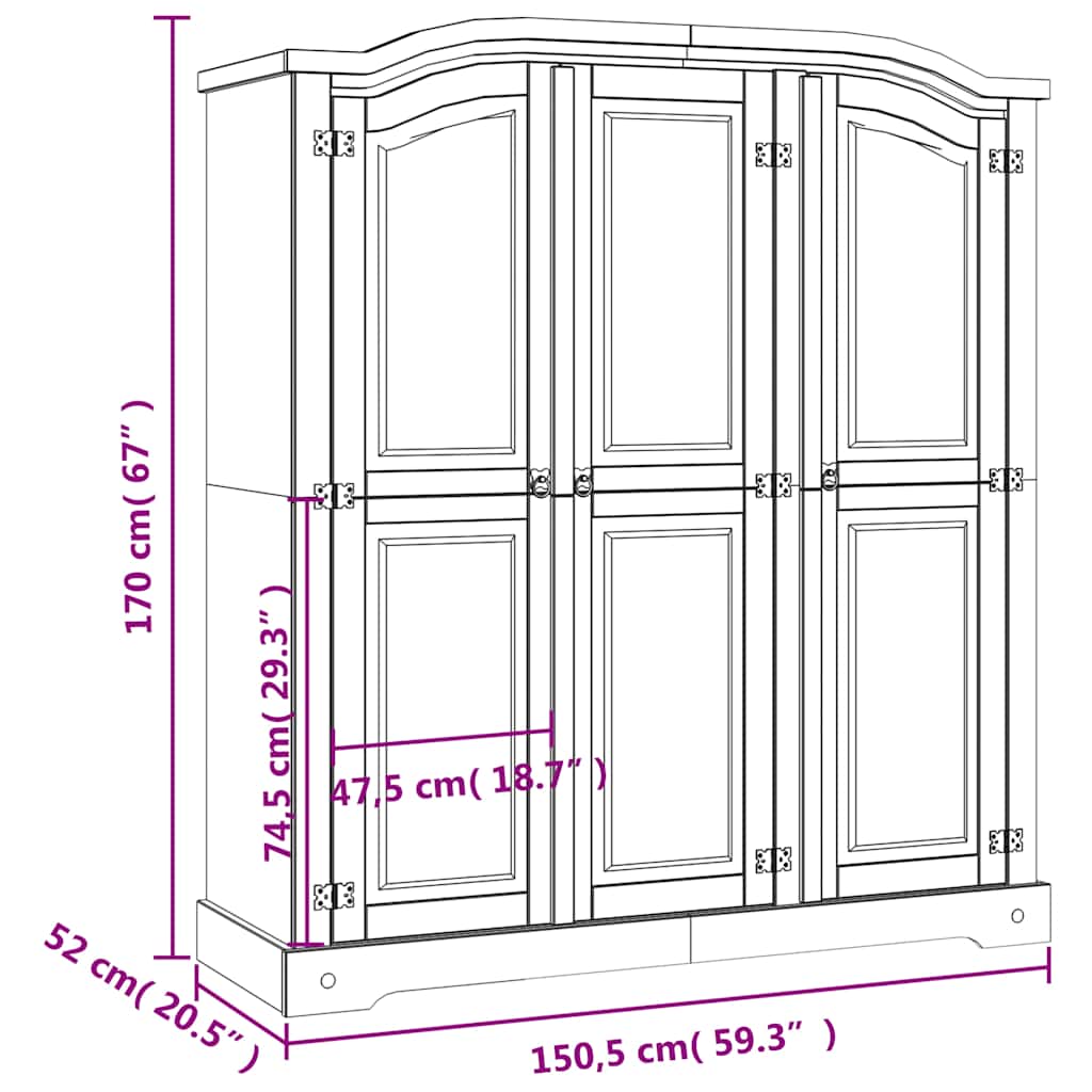 Wardrobe, Mexican pine, Corona series, 3 doors