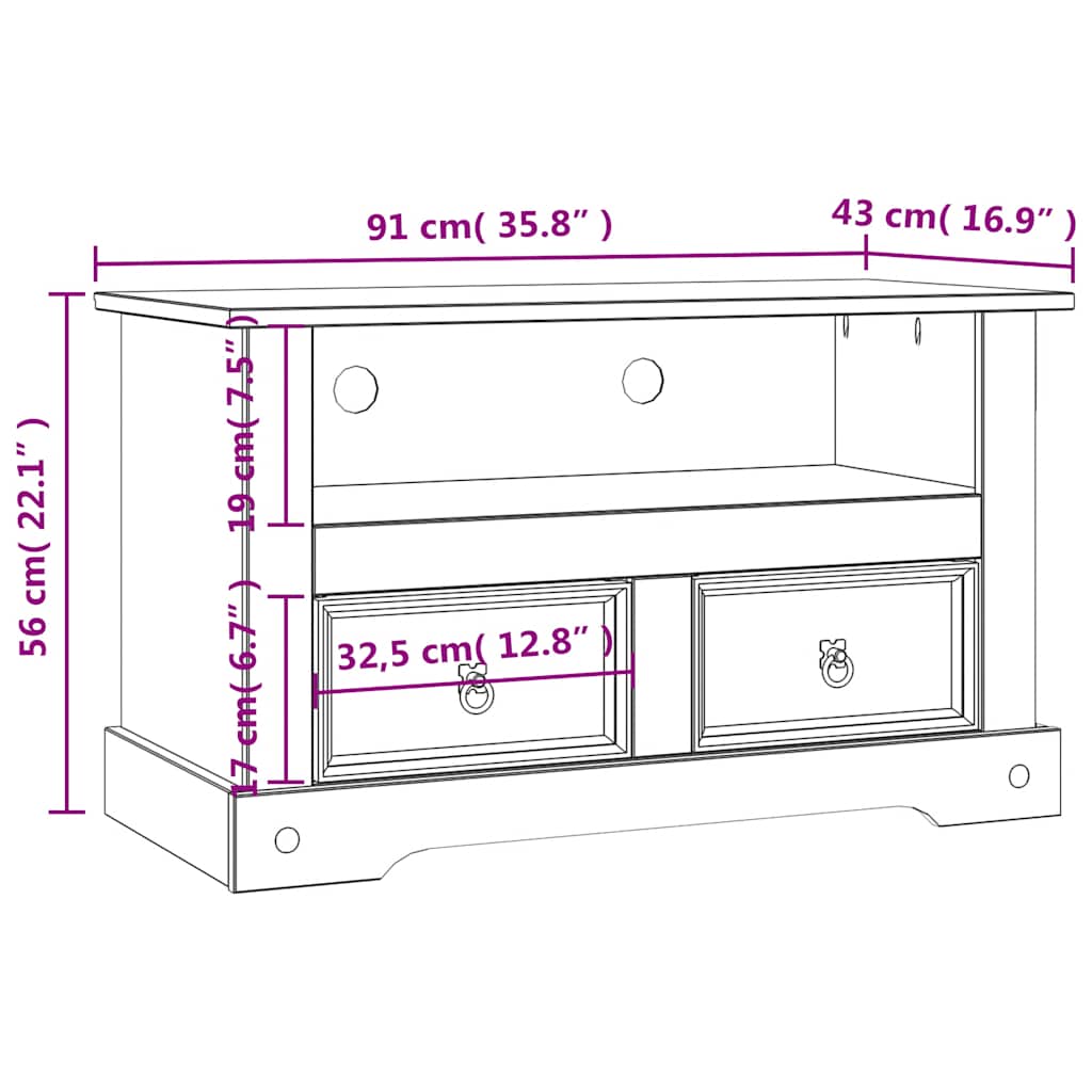 TV cabinet, Mexican pine, Corona style, 91x43x56 cm