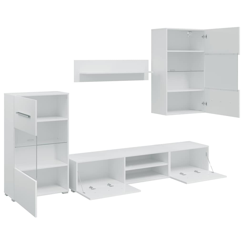 Sieninė televizoriaus spintelė su LED apšvietimu, 5d., balta