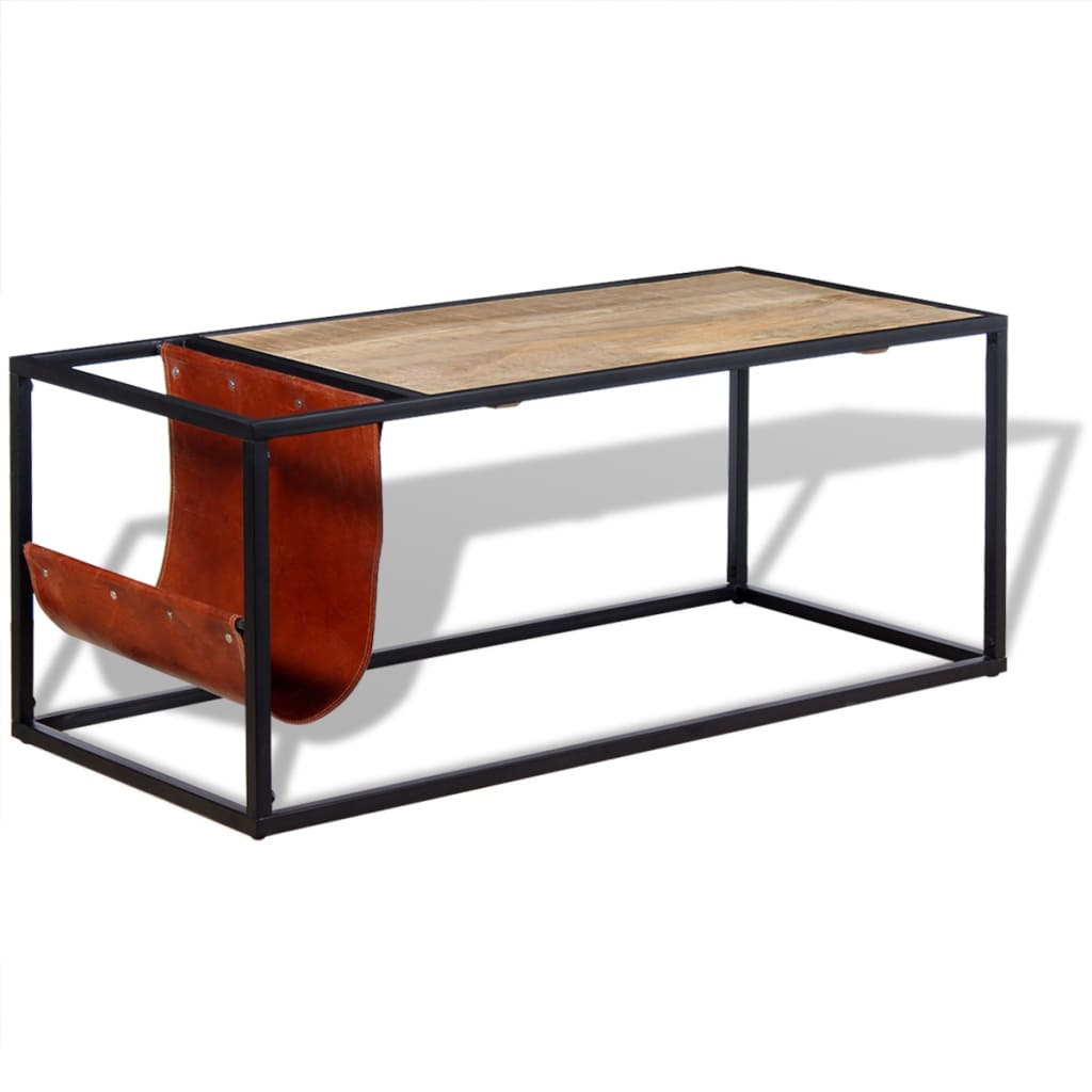 Coffee table with real leather magazine holder, 110x50x45cm