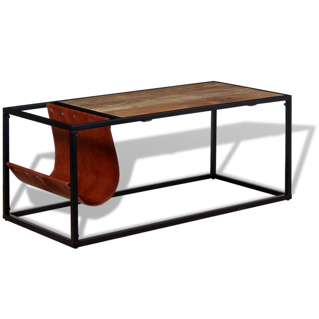 Coffee table with real leather magazine holder, 110x50x45cm