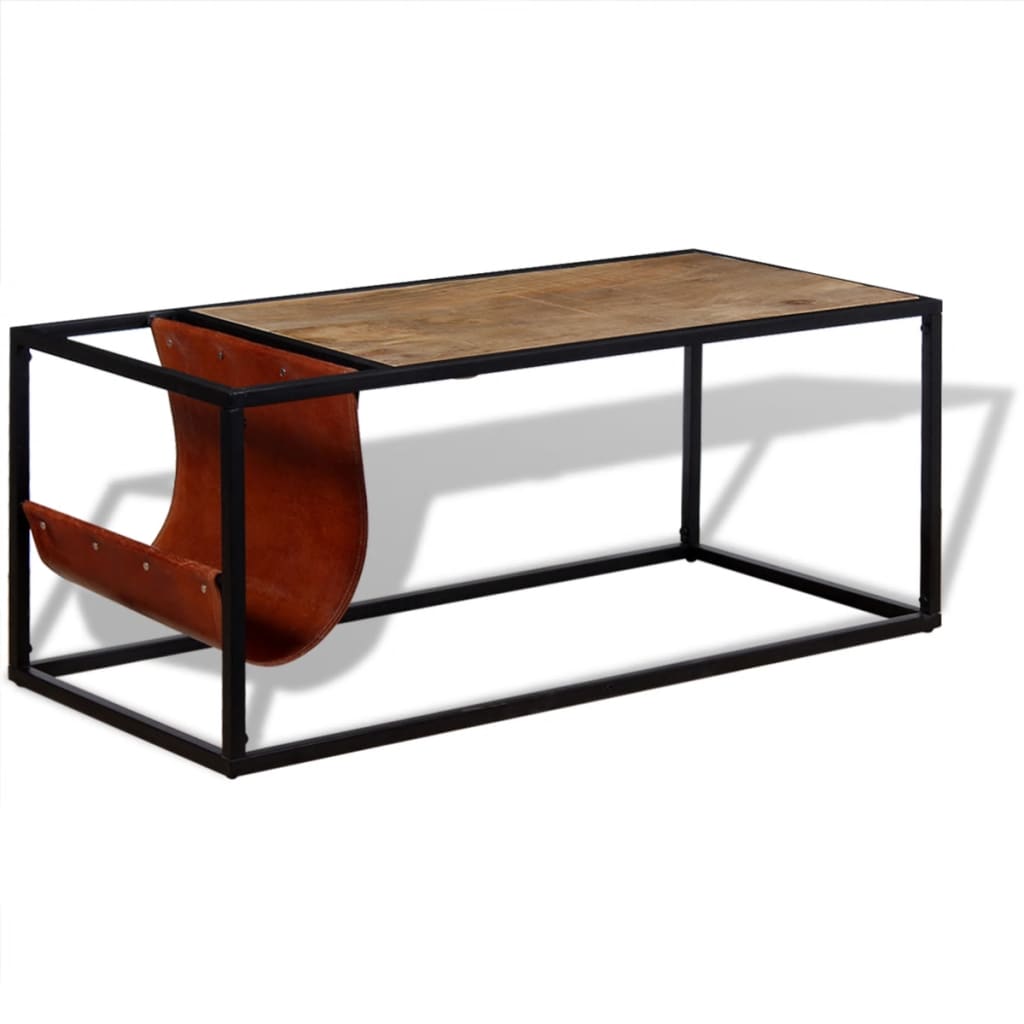Coffee table with real leather magazine holder, 110x50x45cm
