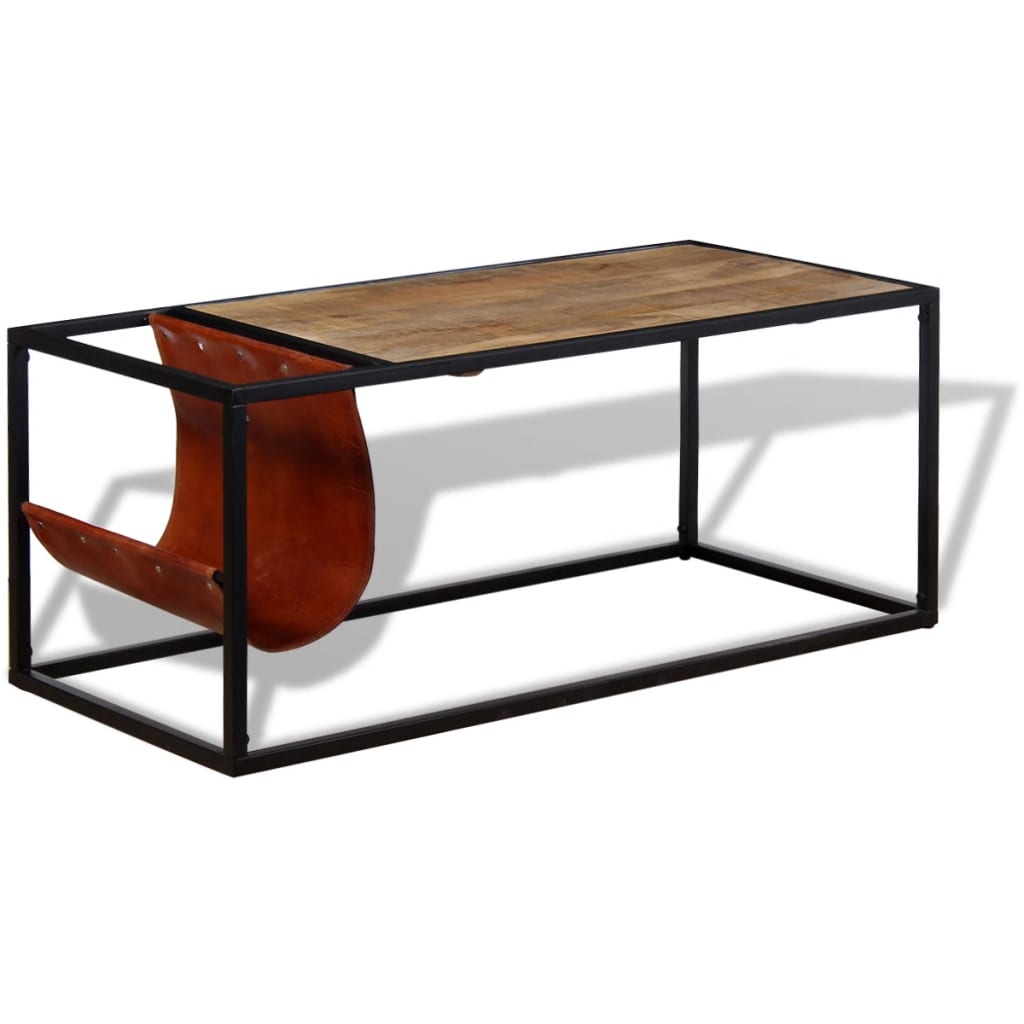 Coffee table with real leather magazine holder, 110x50x45cm