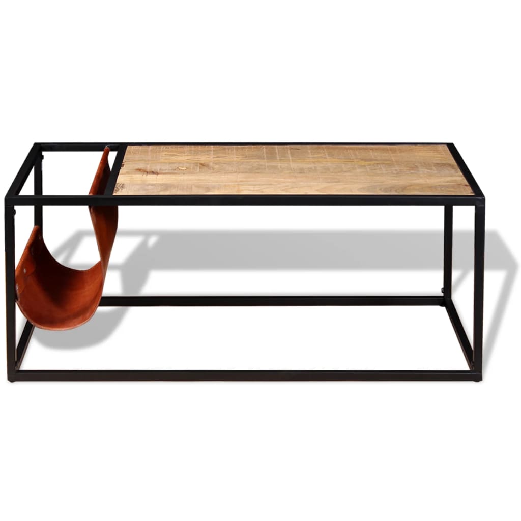 Coffee table with real leather magazine holder, 110x50x45cm
