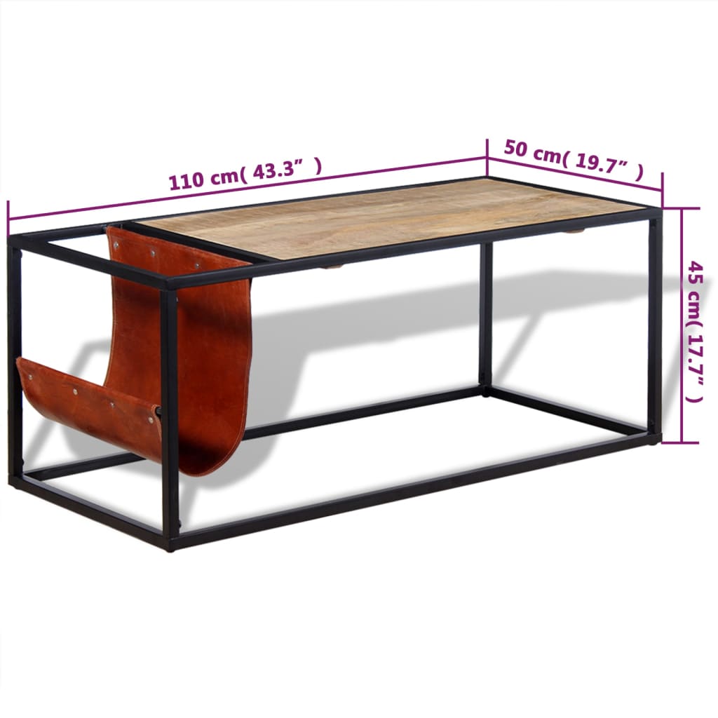 Coffee table with real leather magazine holder, 110x50x45cm