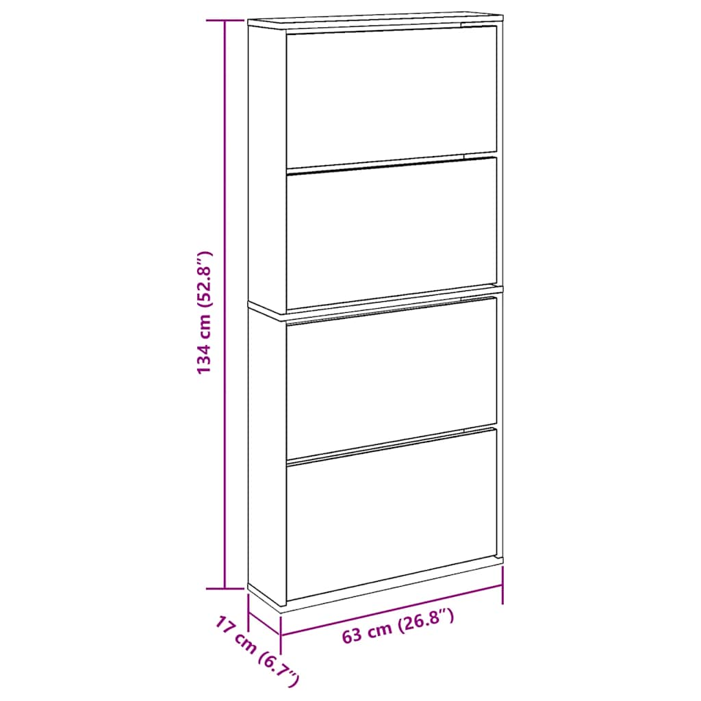 Shoe cabinet, 4-tier with mirrors, oak, 63x17x134cm