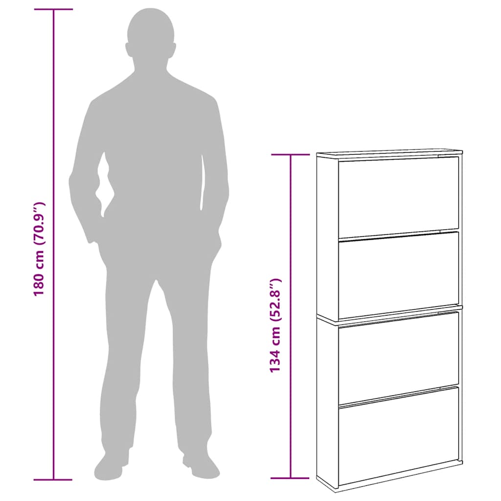 Shoe cabinet, 4-tier with mirrors, oak, 63x17x134cm