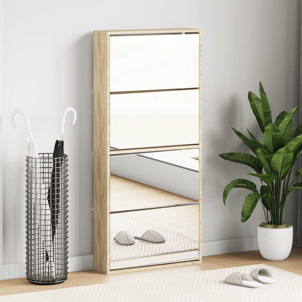 Shoe cabinet, 4-tier with mirrors, oak, 63x17x134cm