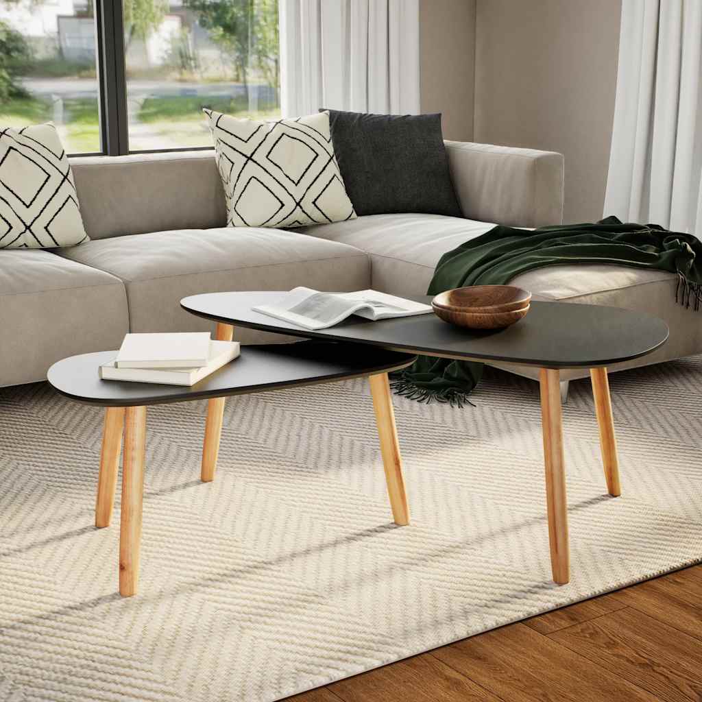 Coffee table set, 2 pcs, solid pine wood, black